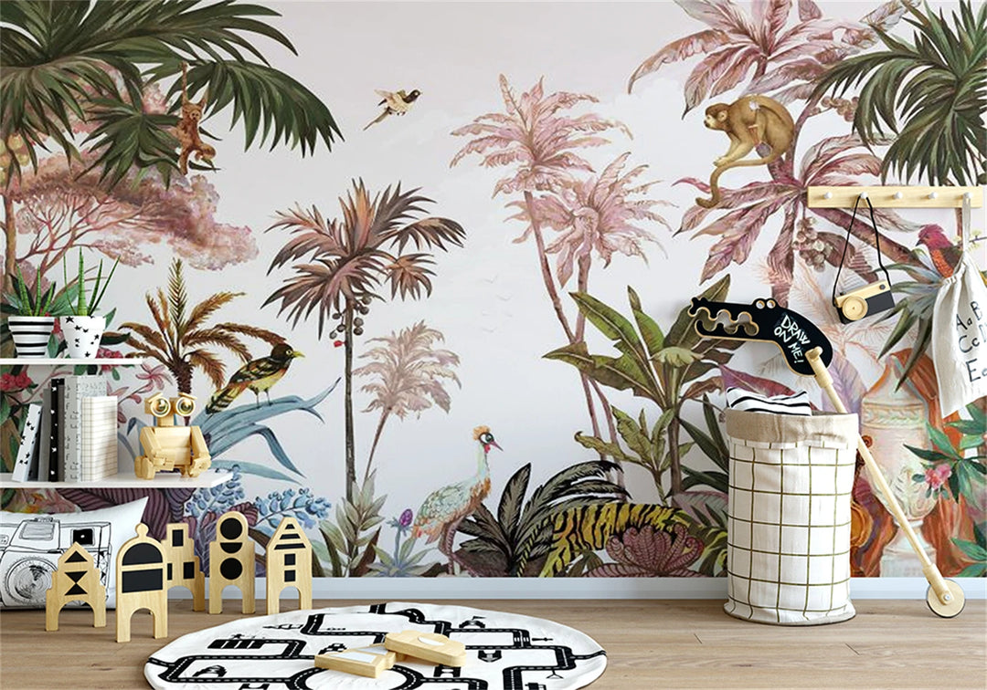 Lily's Custom Pink Southeast Asian Tropical Plant Monkey Mural Wallpaper