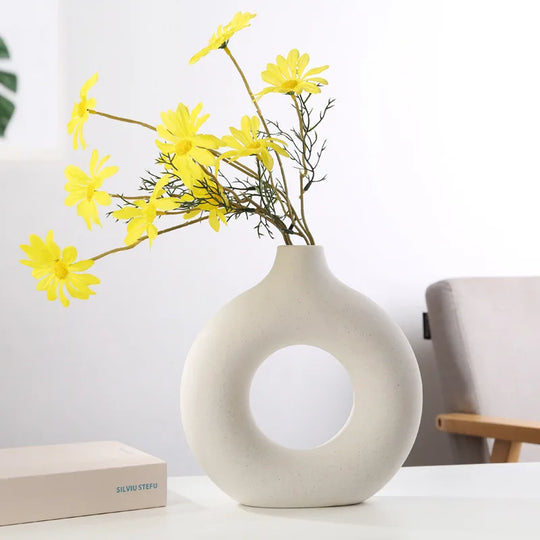 Yareli Nordic Circular Hollow Ceramic Vase: A Modern Decor Accent