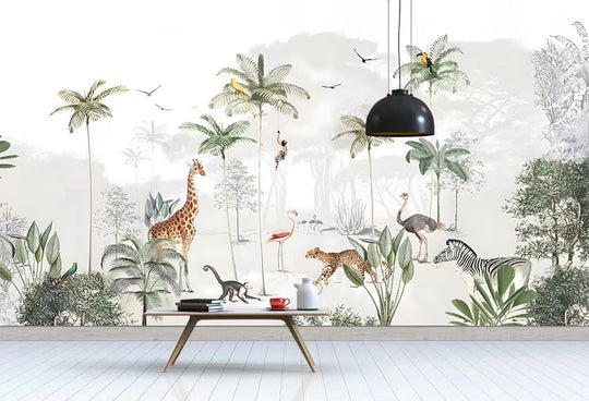 Milofi palm tree tropical leaves wallpaper suitable for kids room jungle nursery 3d cartoon background animal photo mural sticke