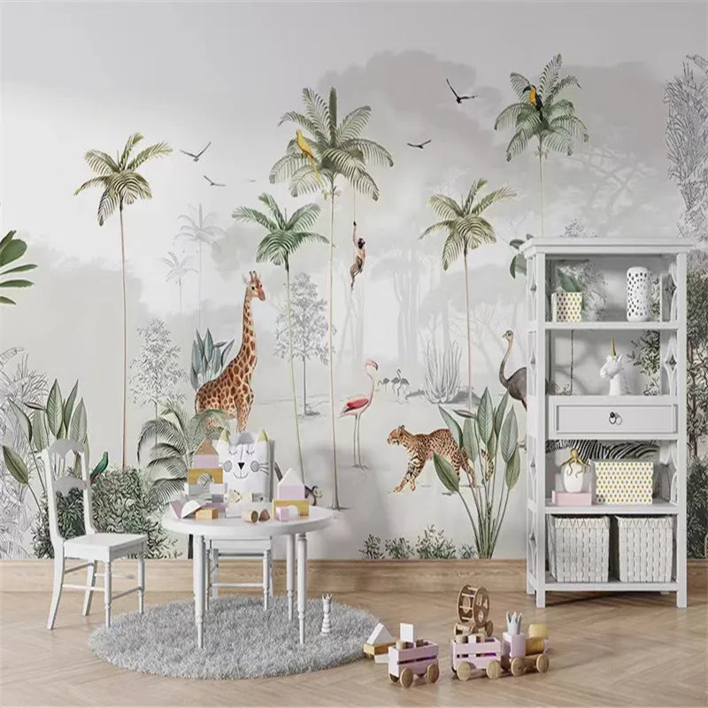 Milofi palm tree tropical leaves wallpaper suitable for kids room jungle nursery 3d cartoon background animal photo mural sticke