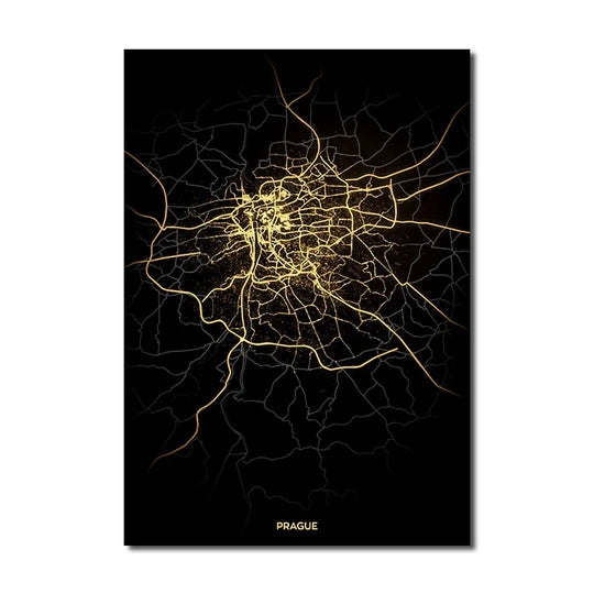 Ella's Gold Black World City Map Wall Art Canvas Painting: Elevate Your Living Space