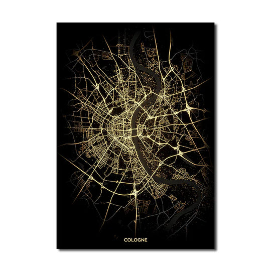 Ella's Gold Black World City Map Wall Art Canvas Painting: Elevate Your Living Space