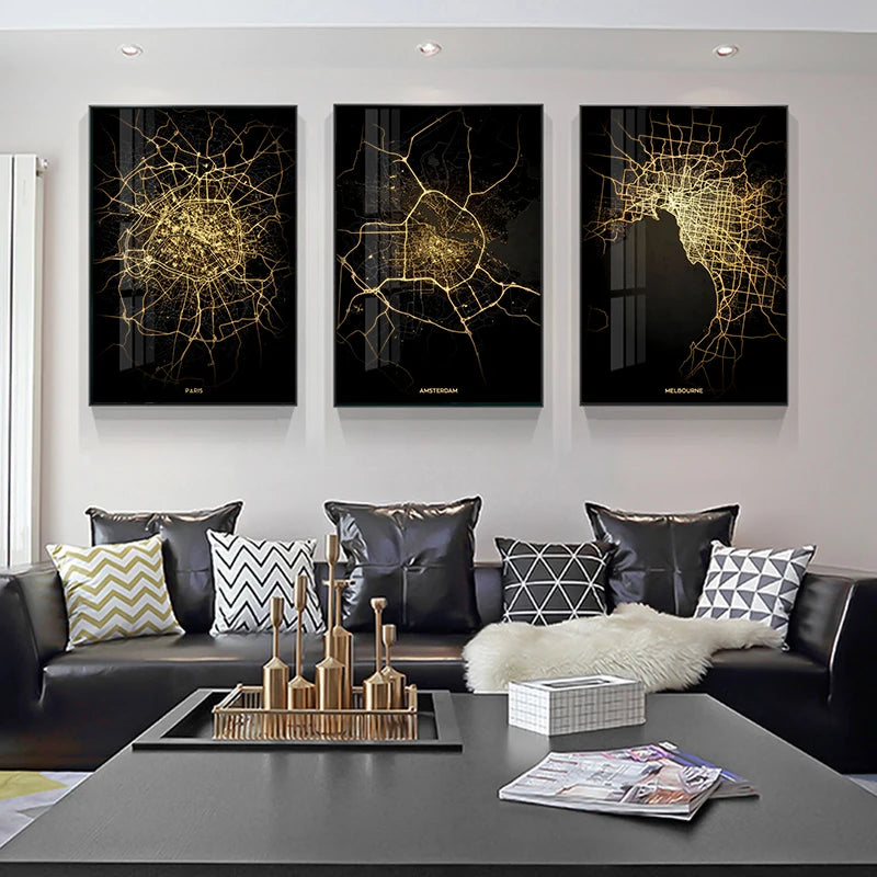 Ella's Gold Black World City Map Wall Art Canvas Painting: Elevate Your Living Space