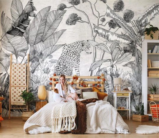 Emily's Custom 3D Wallpaper Mural: Retro Tropical Plants in Black and White