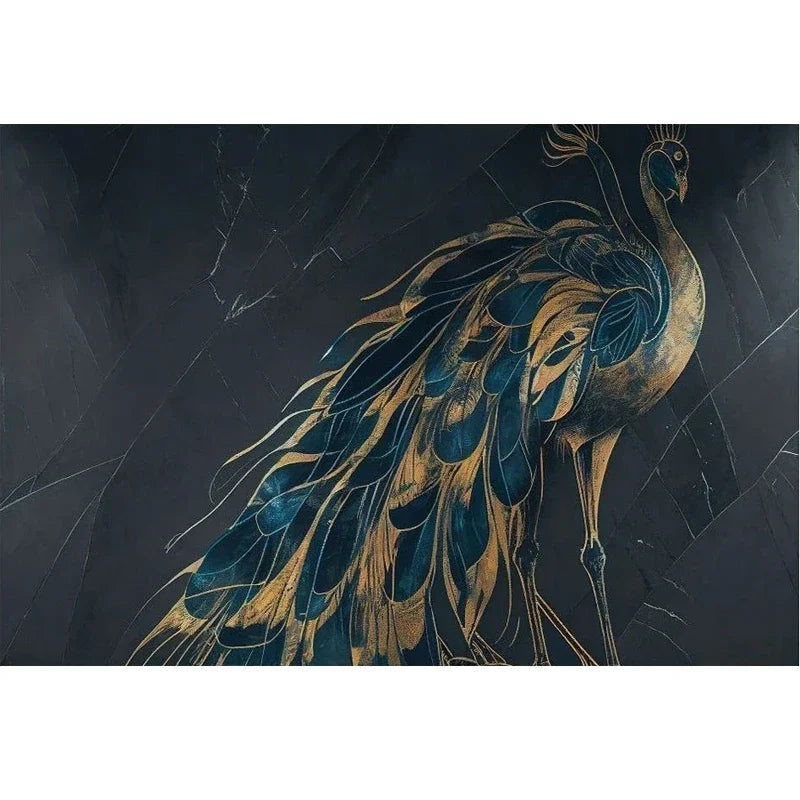 Sutton Modern Minimalist Art Wallpaper - Large Size 3D Golden Peacock Dark Black Mural