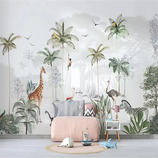 Milofi palm tree tropical leaves wallpaper suitable for kids room jungle nursery 3d cartoon background animal photo mural sticke