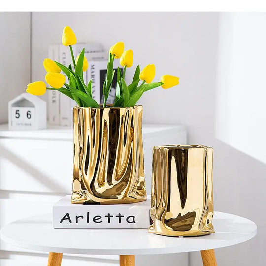 Amaia Electroplated Cloth Bag Ceramic Vase: Stylish Tabletop Decor