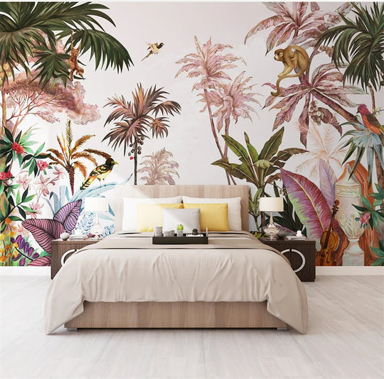 Lily's Custom Pink Southeast Asian Tropical Plant Monkey Mural Wallpaper