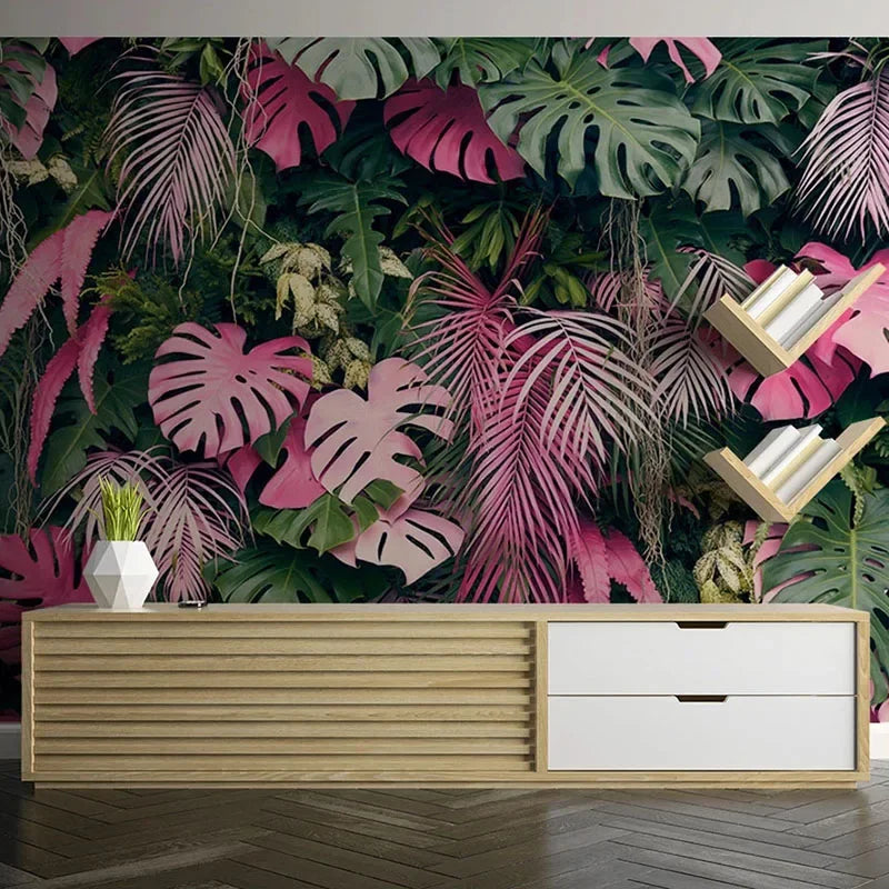 Mia's Modern Pink Green Tropical Rainforest Plant Leaves Wallpaper