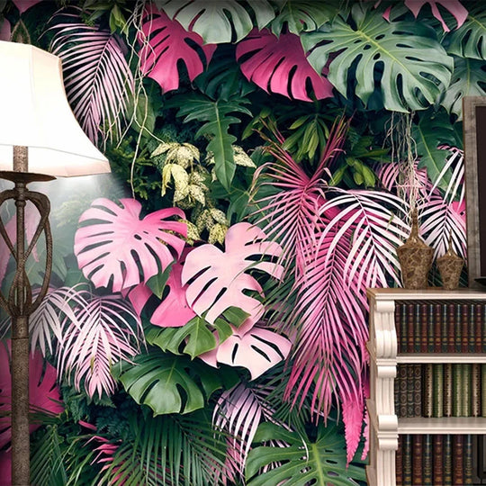 Mia's Modern Pink Green Tropical Rainforest Plant Leaves Wallpaper