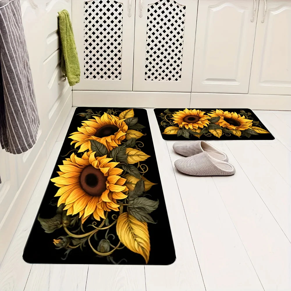 1pc Sunflower kitchen rug, non-slip machine washable flannel floor mat, suitable for hallway door kitchens