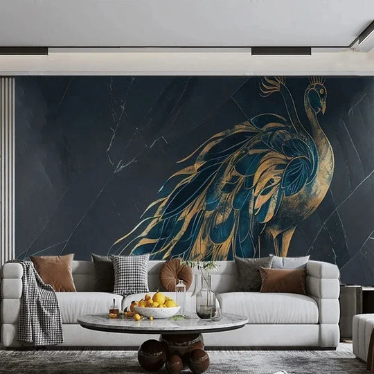 Sutton Modern Minimalist Art Wallpaper - Large Size 3D Golden Peacock Dark Black Mural