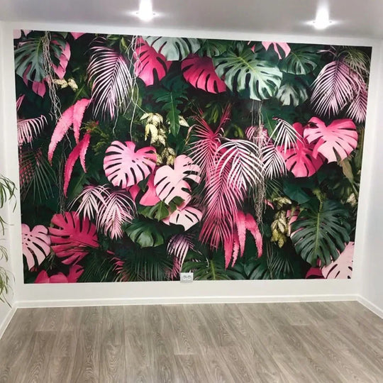 Mia's Modern Pink Green Tropical Rainforest Plant Leaves Wallpaper