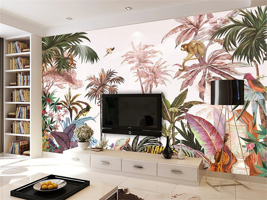 Lily's Custom Pink Southeast Asian Tropical Plant Monkey Mural Wallpaper