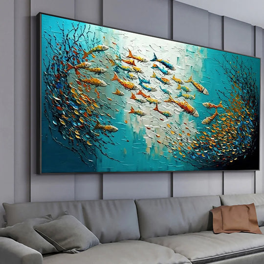 Everlee Abstract Blue Sea Fish Canvas Painting: Nordic Art Graffiti