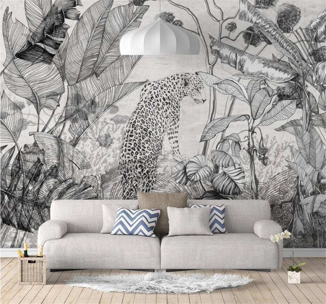 Emily's Custom 3D Wallpaper Mural: Retro Tropical Plants in Black and White