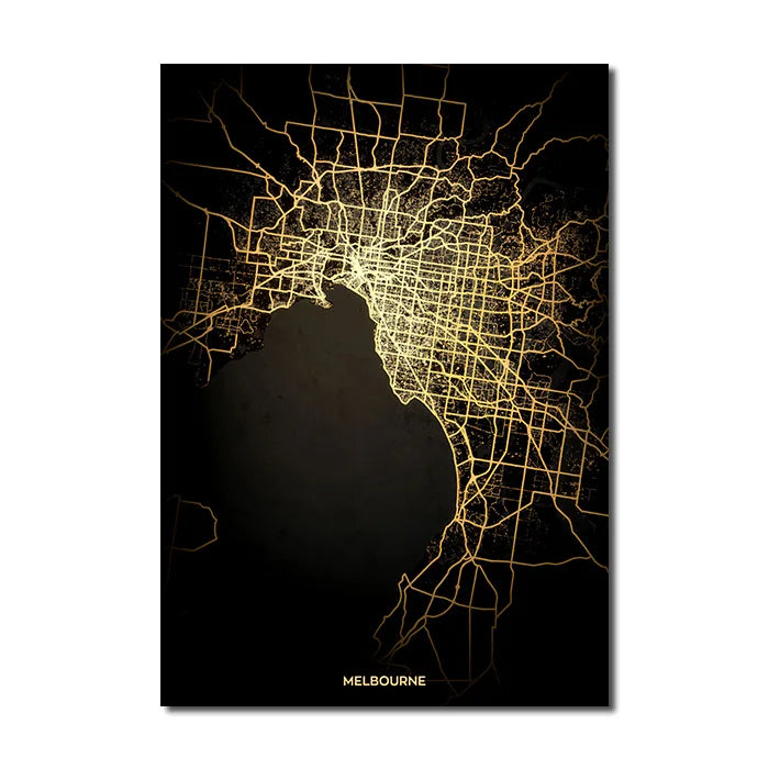 Ella's Gold Black World City Map Wall Art Canvas Painting: Elevate Your Living Space