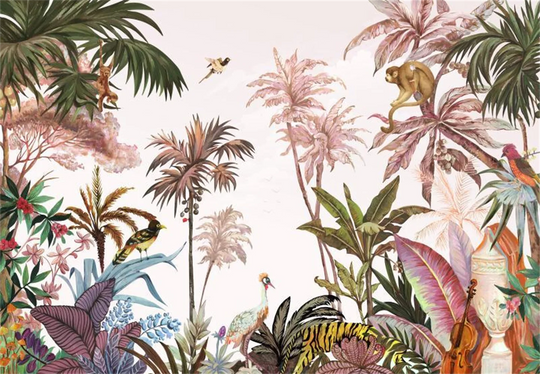 Lily's Custom Pink Southeast Asian Tropical Plant Monkey Mural Wallpaper