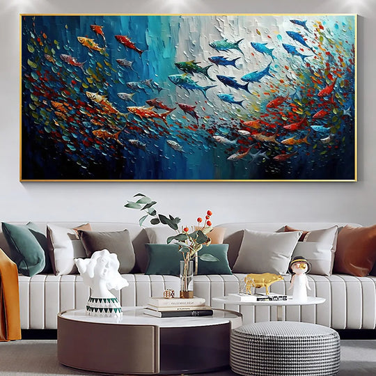 Everlee Abstract Blue Sea Fish Canvas Painting: Nordic Art Graffiti