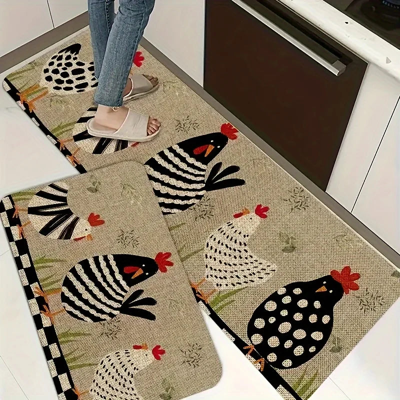 1pc cartoon Rooster kitchen rug, non-slip machine washable flannel floor mat, suitable for hallway door kitchen