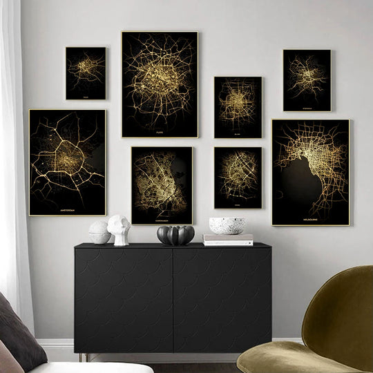 Ella's Gold Black World City Map Wall Art Canvas Painting: Elevate Your Living Space