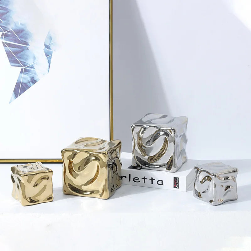 Hazel Ceramic Geometric Square Irregular Fold Pattern Ice Block Gold Ornament: Modern Elegance