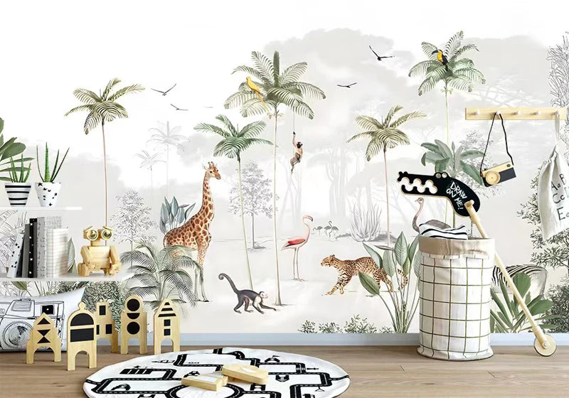 Milofi palm tree tropical leaves wallpaper suitable for kids room jungle nursery 3d cartoon background animal photo mural sticke