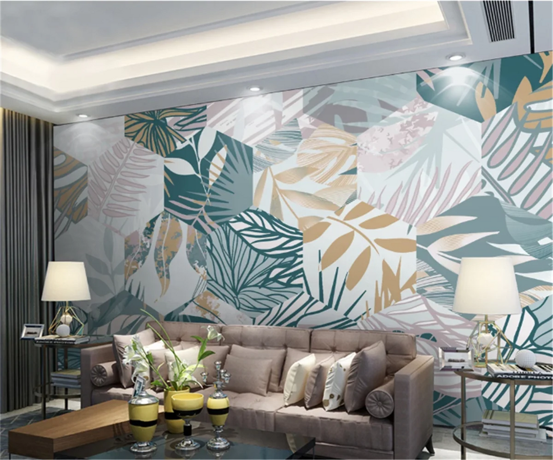 Elizabeth's Customized 3D Wallpaper Mural: Nordic Tropical Plant Leaf Geometric Line