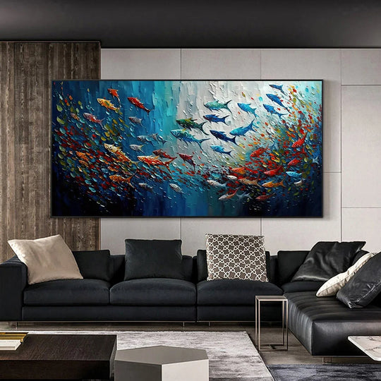 Everlee Abstract Blue Sea Fish Canvas Painting: Nordic Art Graffiti