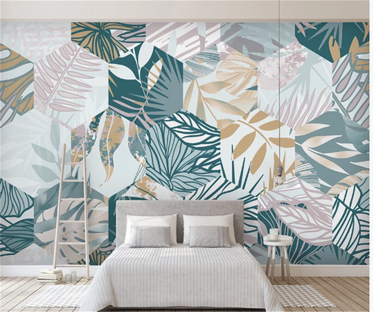 Elizabeth's Customized 3D Wallpaper Mural: Nordic Tropical Plant Leaf Geometric Line