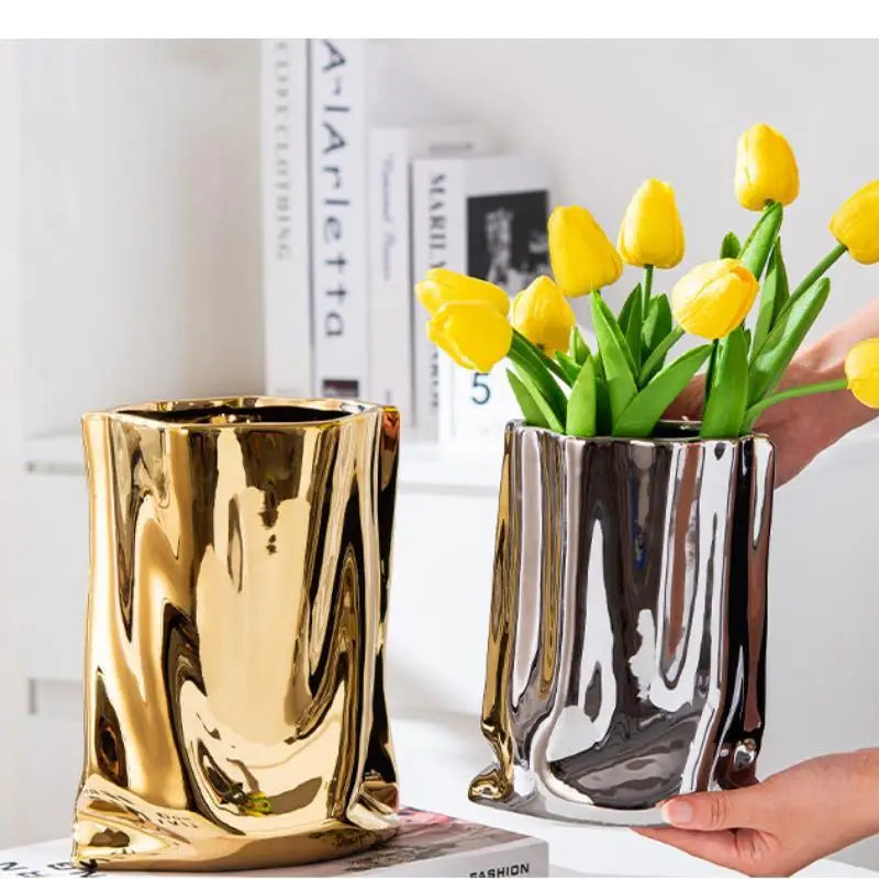 Amaia Electroplated Cloth Bag Ceramic Vase: Stylish Tabletop Decor