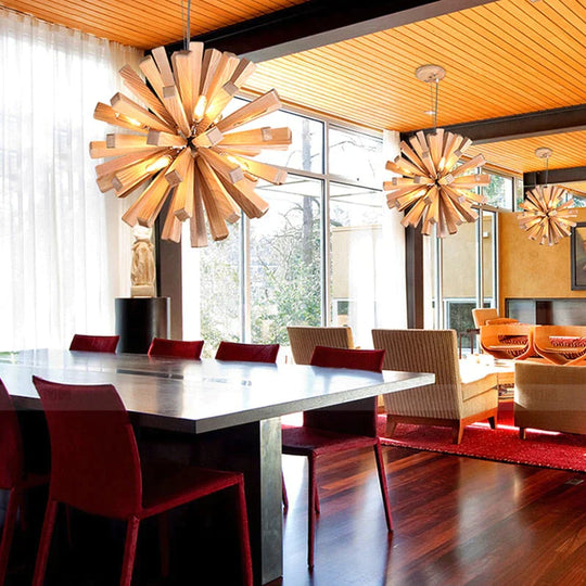 Dandelion Wooden Pendant Lights Hanging Solid Wood Lamps Dinning Room Restaurant Fixtures Indoor Decoration Pendant Lamp