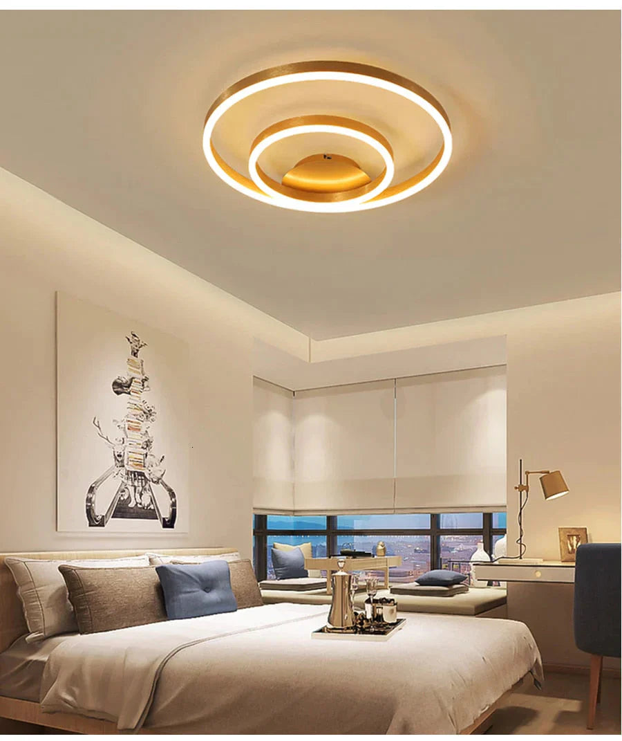 Golden Round Iron Led Ceiling Lights For Living Room Bedroom Indoor Home Lustre Lighting Fixtures Dimmable Lamps