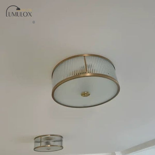 Antiqued Opaline Glass 3-Head Brass Flush Mount Light With Fluted Drum Design For Bedrooms Ceiling