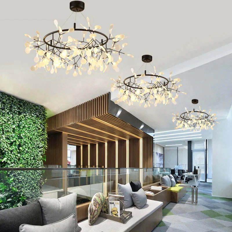 Modern LED Lamp Firefly Tree Branch Leaf Pendant Light Round Flower Suspension Lamps