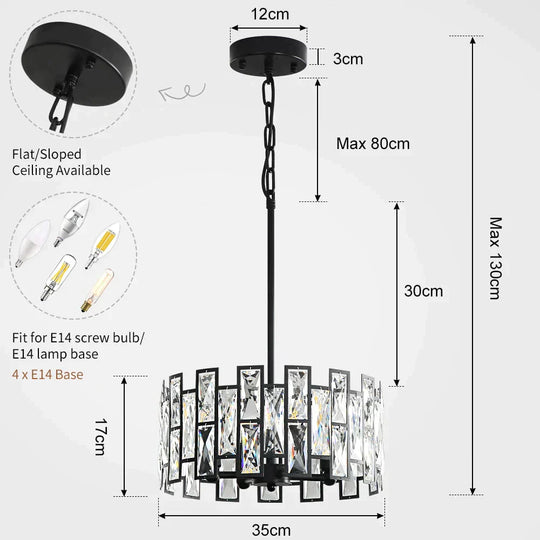 Modern Round Crystal Black Chandelier For Living Room Dining Bar Lighting 4 Heads / Warm White