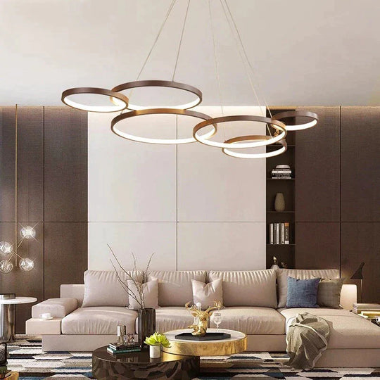 Nordic Brown LED Pendant Lights Dimmable Stitching Ring Hanging Light For Diving Room Bedroom Kitchen Cafe Bar Lampa Wiszaca Led