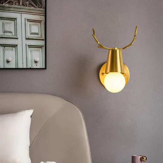 Nordic Wall Lamp Copper Antler Lamp Living Room TV Background Wall Creative Decoration Deer Children's Room Bedroom Bedside Copper Wall Lamp