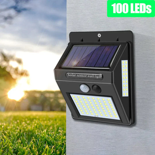 100 LEDs Outdoor Solar Wall Lamp PIR Motion Sensor Solar Porch Lights IP65 Sunlight Powered  For Street Fence Garden Security