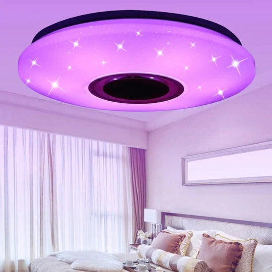 36W Rgb Flush Mount Round Starlight Music Led Ceiling Light Lamp With Bluetooth Speaker, Dimmable Color Changing Light Fixture