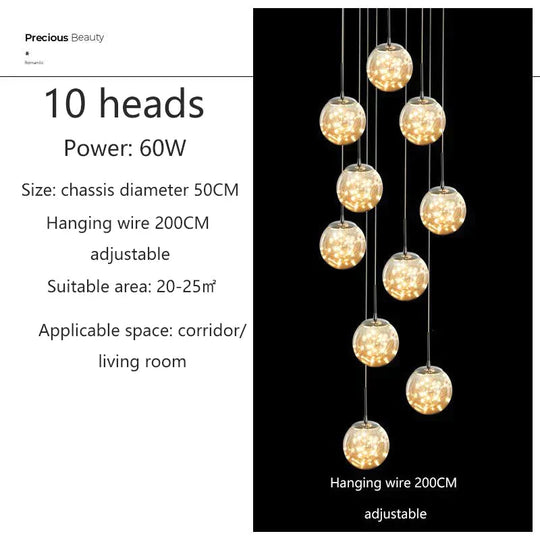 Raloo - Modern Led Glass Ball Chandelier 10 Heads / Transparent Glass Cold White