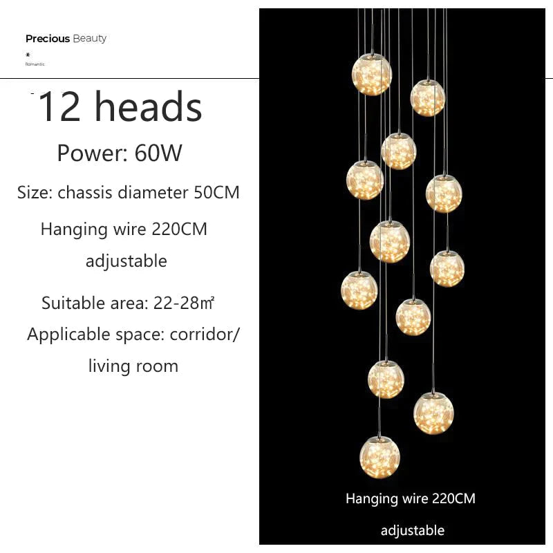 Raloo - Modern Led Glass Ball Chandelier 12 Heads / Transparent Glass Cold White