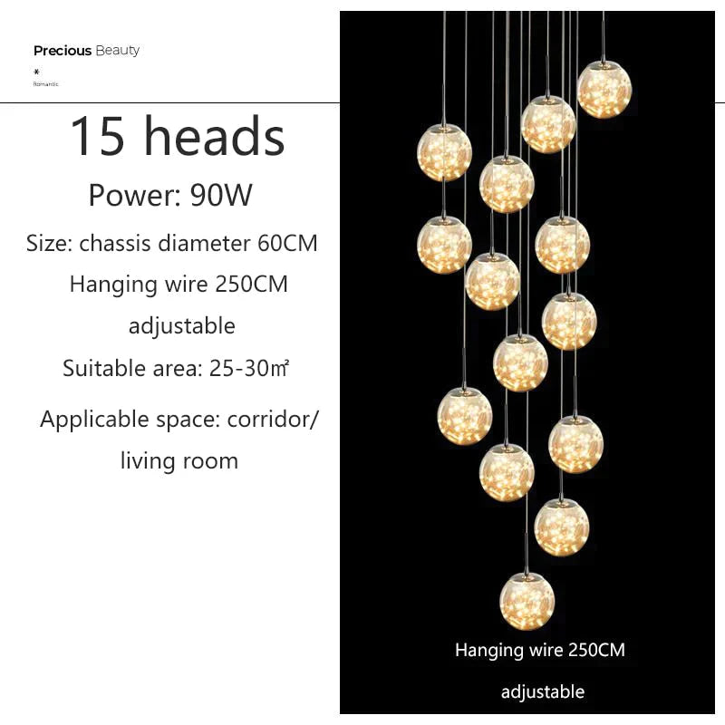 Raloo - Modern Led Glass Ball Chandelier 15 Heads / Transparent Glass Cold White