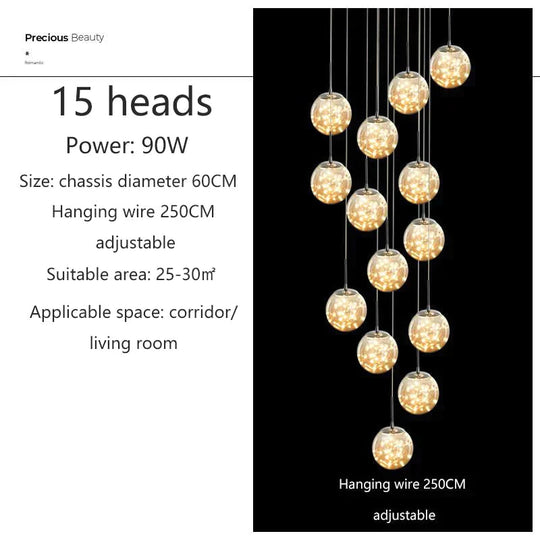 Raloo - Modern Led Glass Ball Chandelier 15 Heads / Transparent Glass Cold White