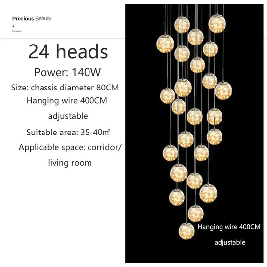 Raloo - Modern Led Glass Ball Chandelier 24 Heads / Transparent Glass Cold White