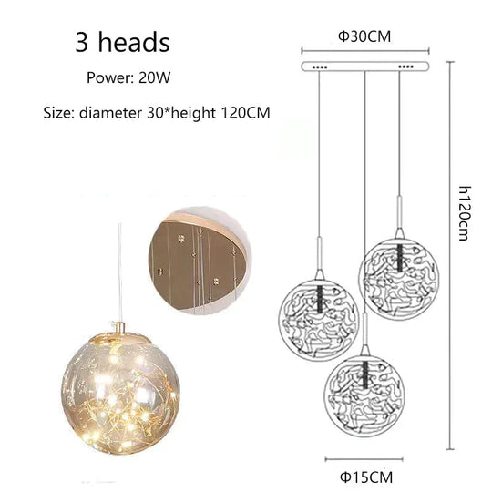 Raloo - Modern Led Glass Ball Chandelier 3 Heads / Transparent Glass Cold White