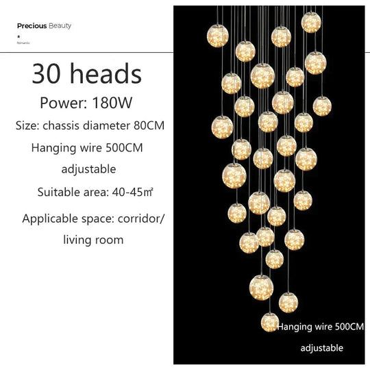 Raloo - Modern Led Glass Ball Chandelier 30 Heads / Transparent Glass Cold White