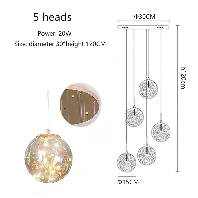 Raloo - Modern Led Glass Ball Chandelier 5 Heads / Transparent Glass Cold White