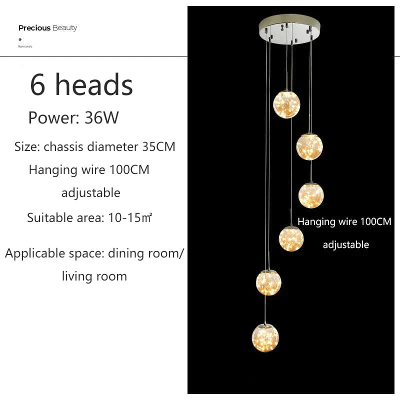 Raloo - Modern Led Glass Ball Chandelier 6 Heads / Transparent Glass Cold White