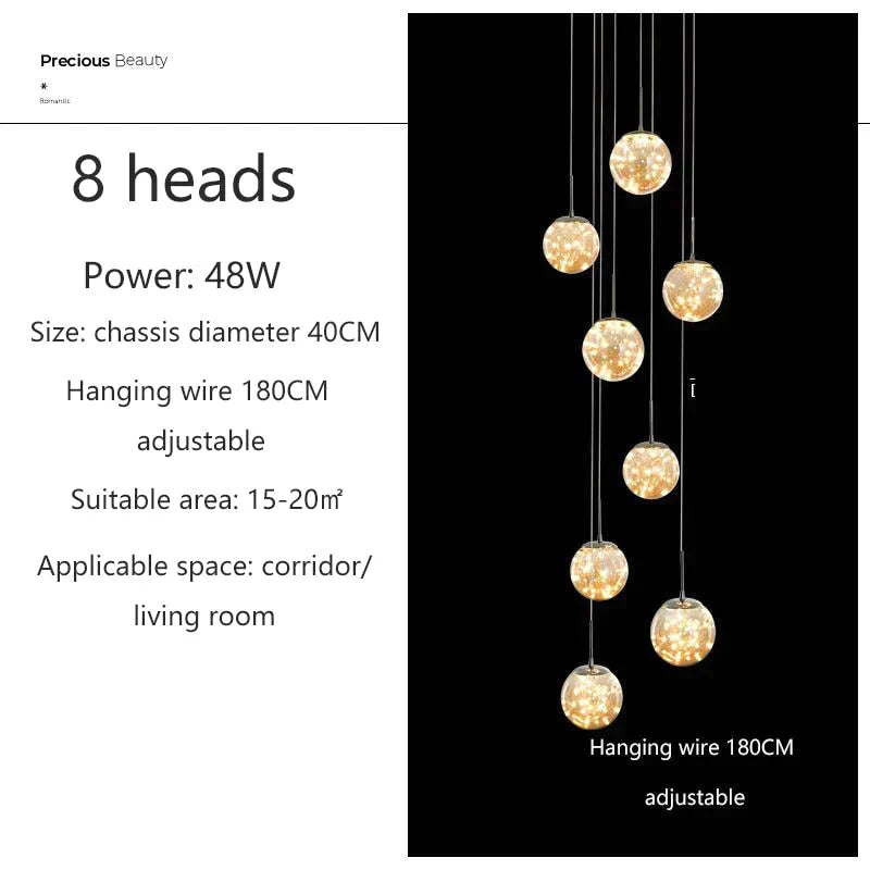 Raloo - Modern Led Glass Ball Chandelier 8 Heads / Transparent Glass Cold White